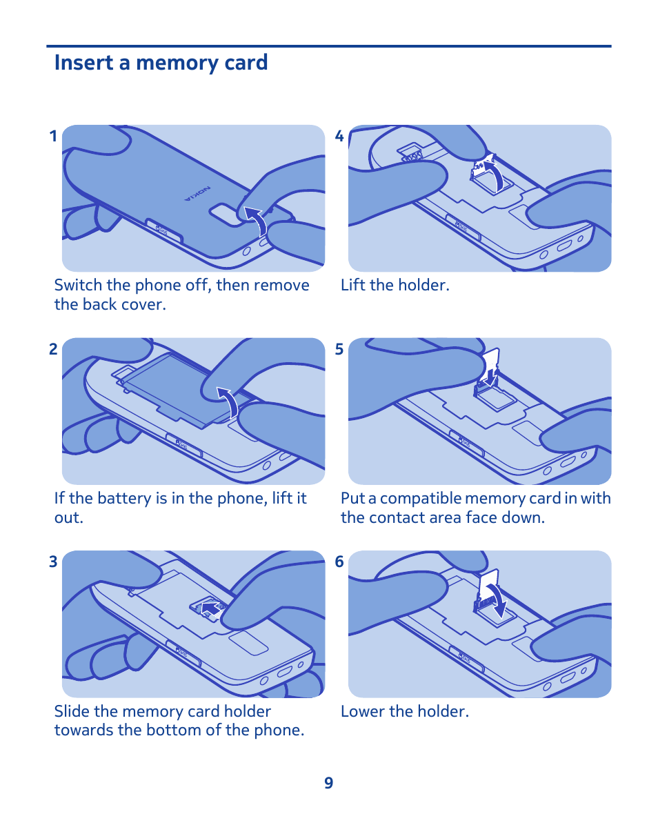 Insert a memory card | Nokia 202 User Manual | Page 9 / 60