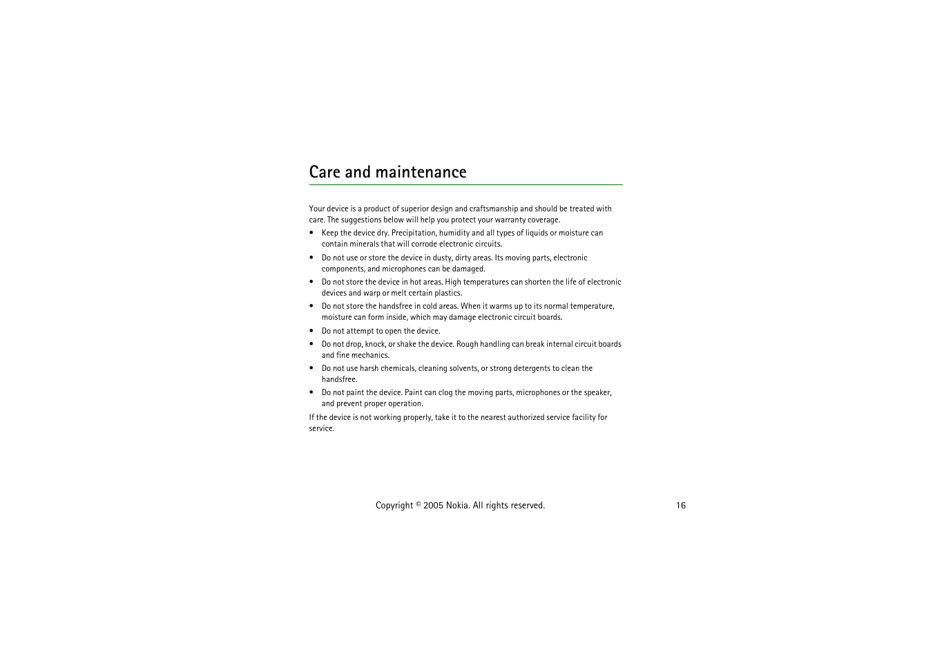 Care and maintenance | Nokia HF-6W User Manual | Page 16 / 18