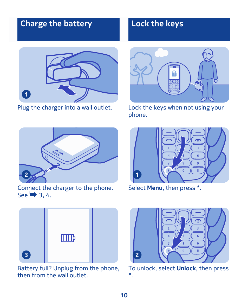 Charge the battery, Lock the keys | Nokia 111 User Manual | Page 10 / 56