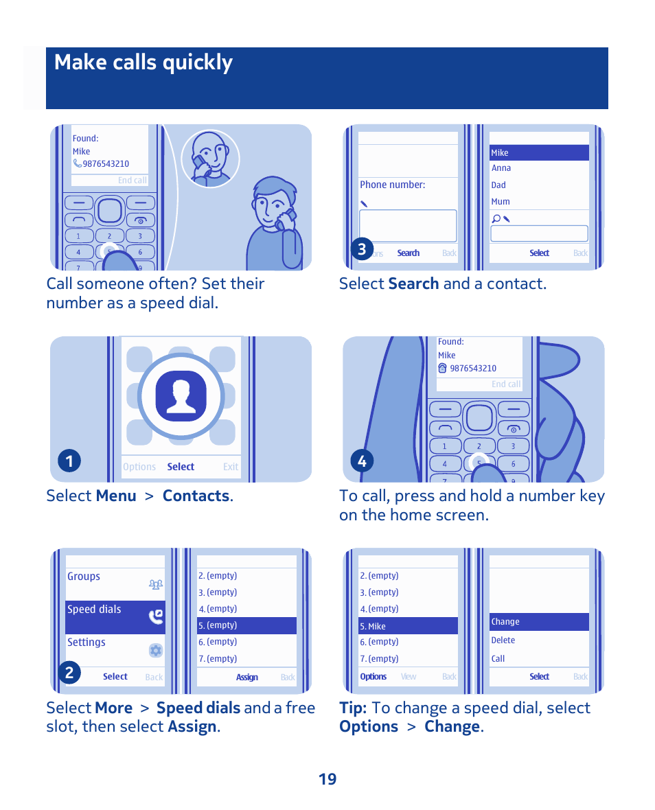 Make calls quickly, Select menu > contacts . 1, Select search and a contact. 3 | Nokia 111 User Manual | Page 19 / 56