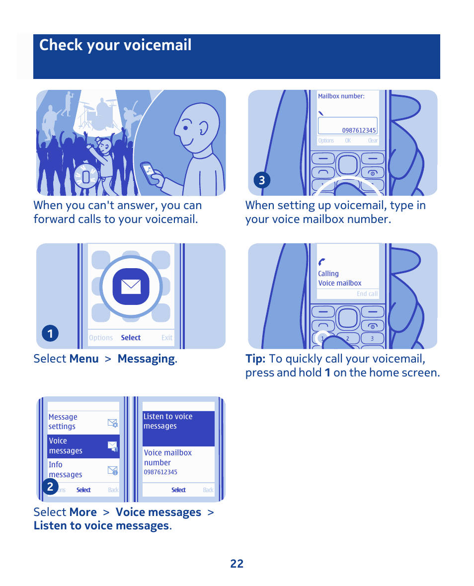 Check your voicemail, Select menu > messaging . 1 | Nokia 111 User Manual | Page 22 / 56