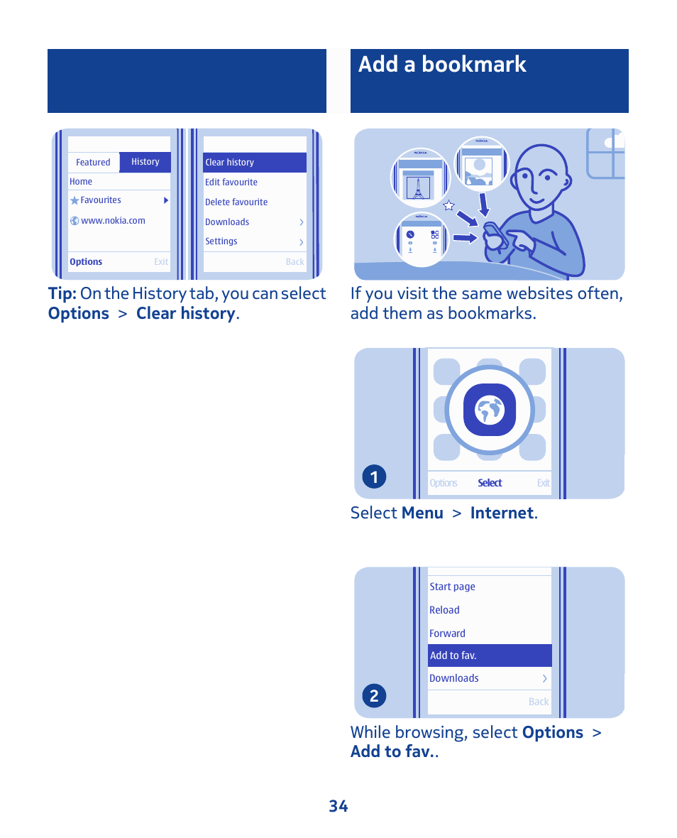 Add a bookmark, Select menu > internet . 1, While browsing, select options > add to fav 34 | Nokia 111 User Manual | Page 34 / 56