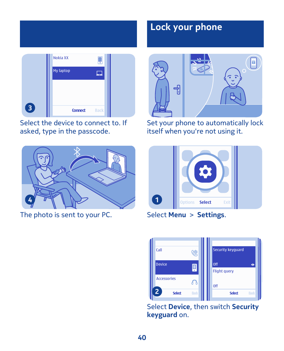 Lock your phone, Select menu > settings . 1 | Nokia 111 User Manual | Page 40 / 56