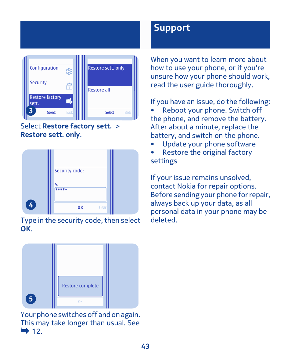 Support | Nokia 111 User Manual | Page 43 / 56