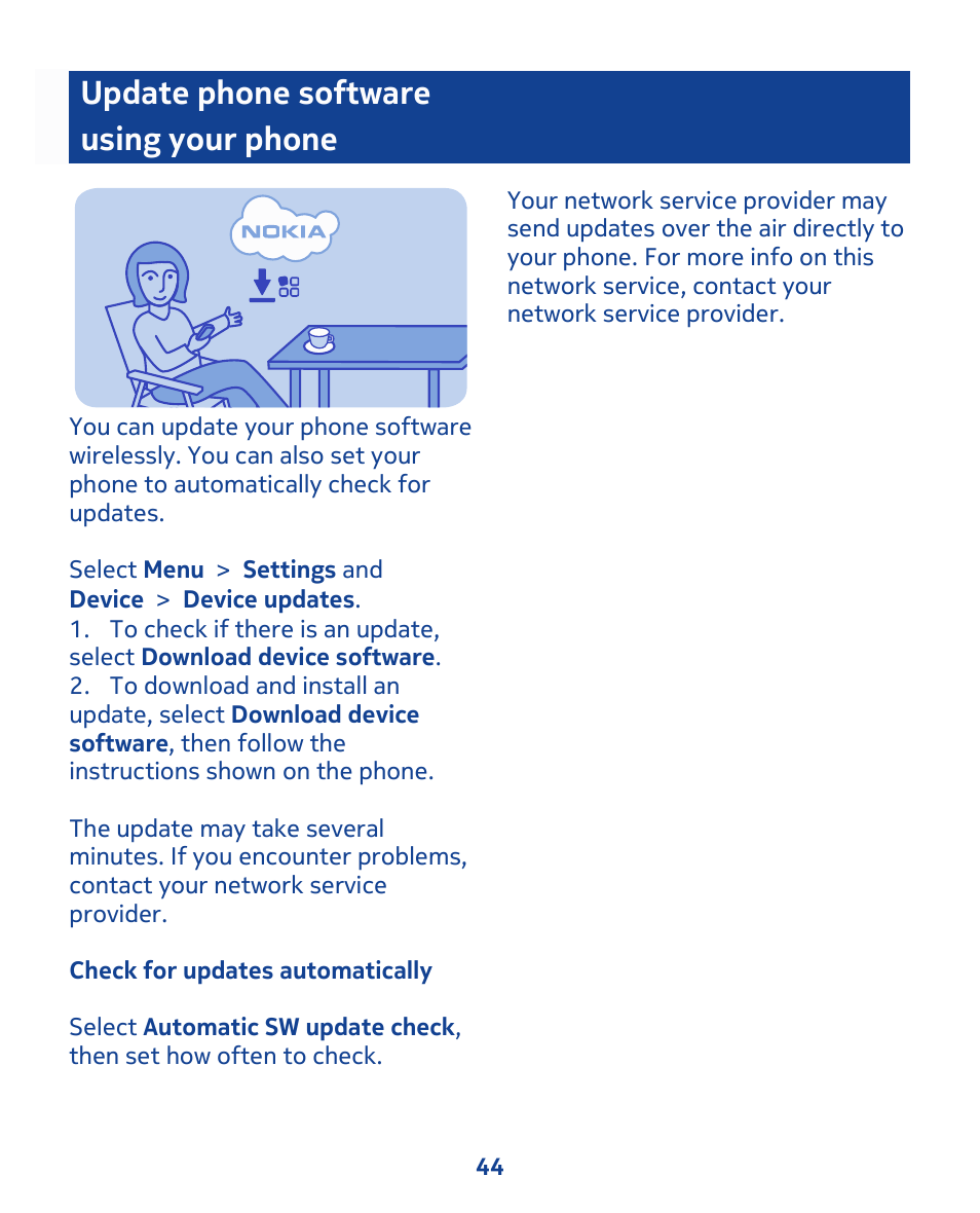 Update phone software using your phone | Nokia 111 User Manual | Page 44 / 56
