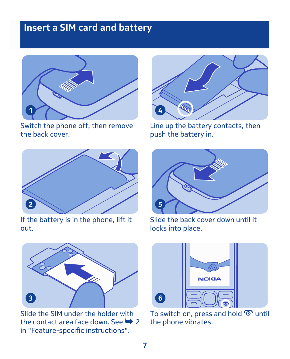 Insert a sim card and battery | Nokia 111 User Manual | Page 7 / 56