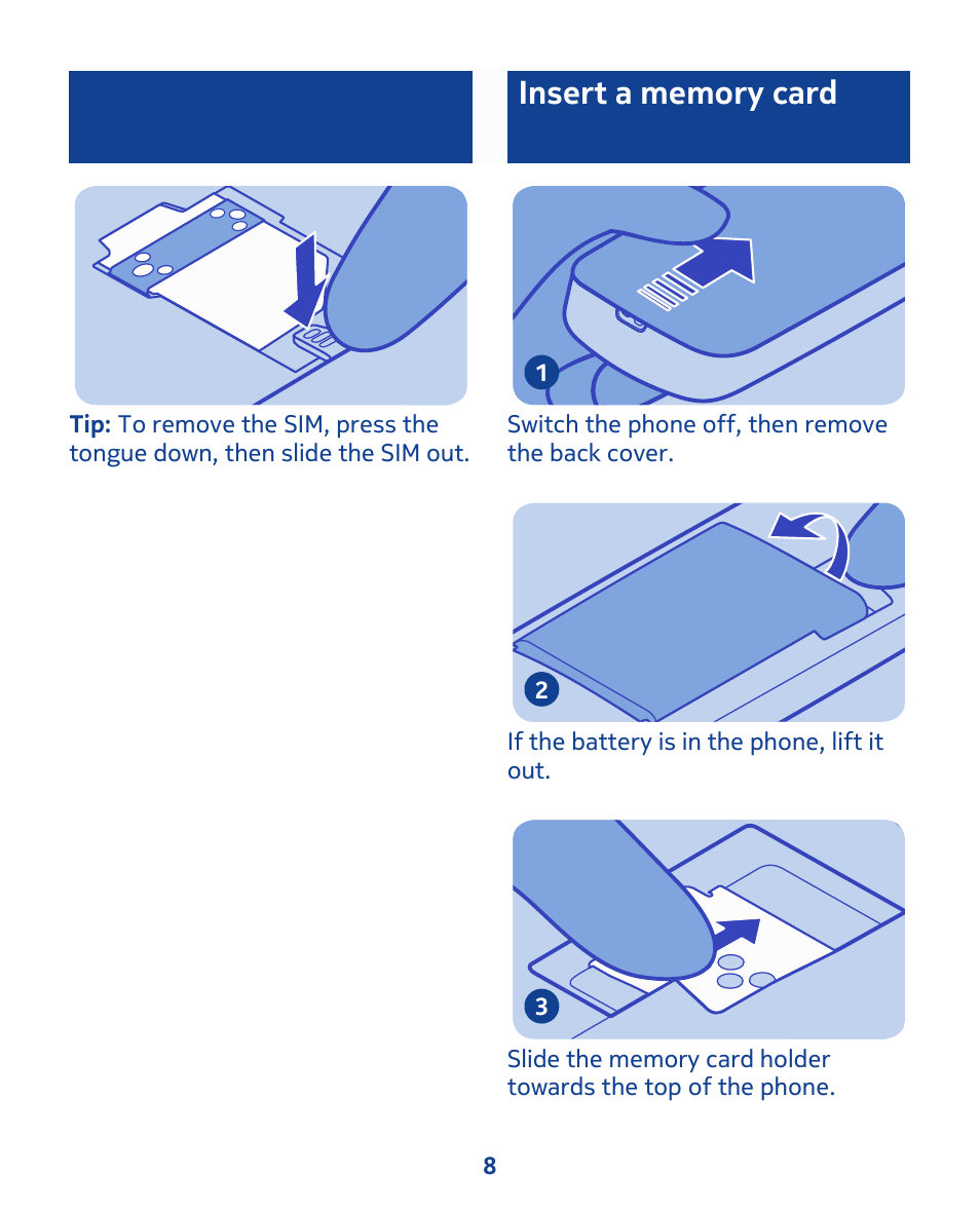 Insert a memory card | Nokia 111 User Manual | Page 8 / 56