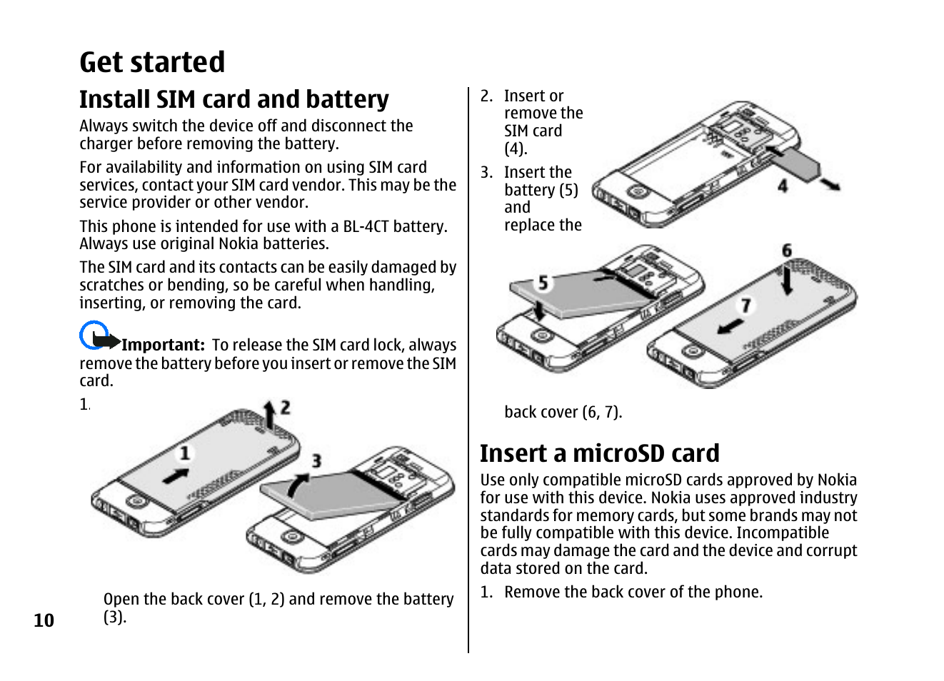 Get started, Install sim card and battery, Insert a microsd card | Nokia 5310 XpressMusi EN User Manual | Page 11 / 62