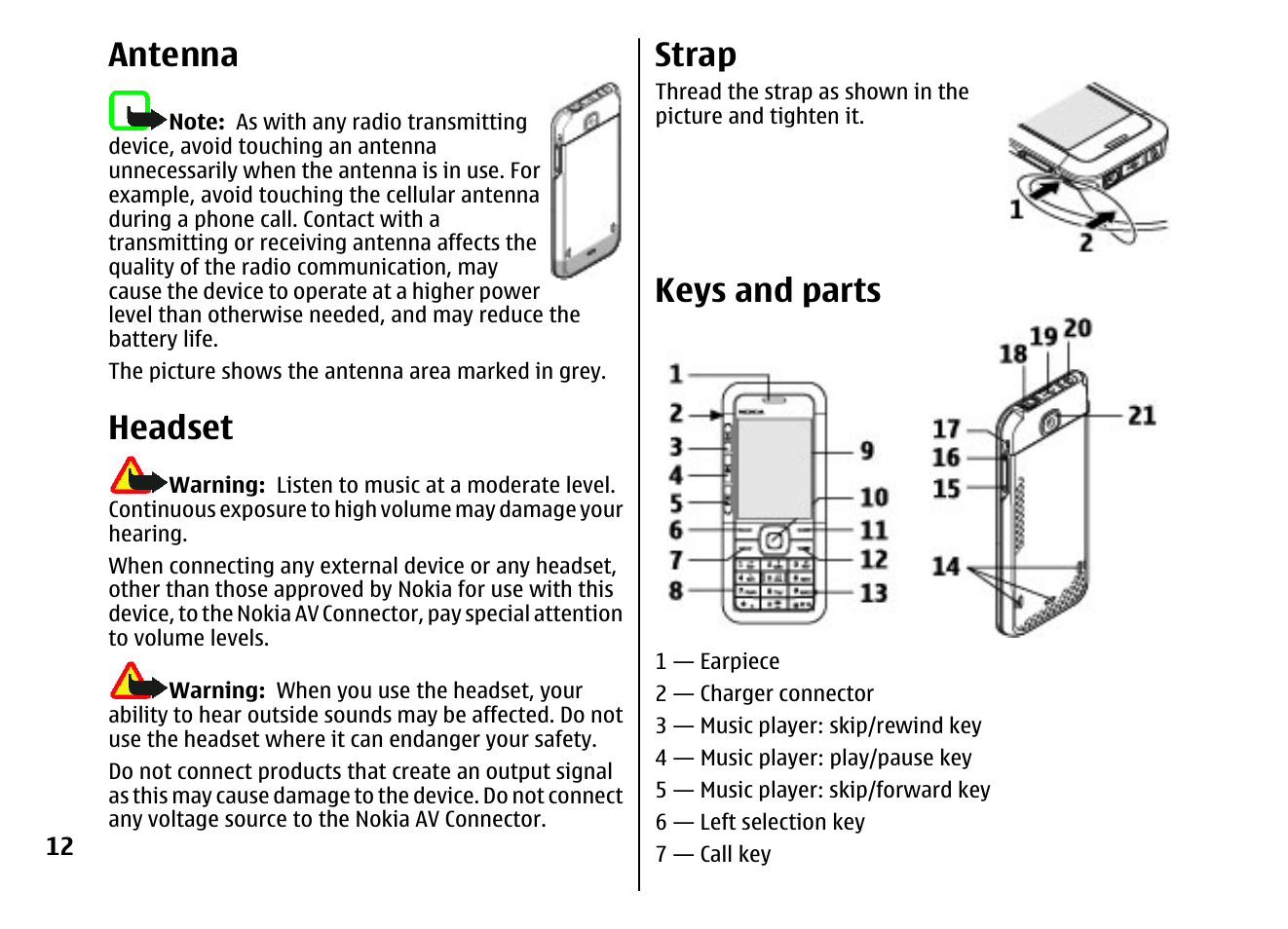 Antenna, Headset, Strap | Keys and parts | Nokia 5310 XpressMusi EN User Manual | Page 13 / 62