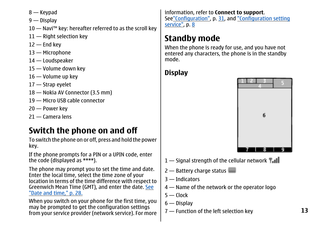 Switch the phone on and off, Standby mode, Display | Nokia 5310 XpressMusi EN User Manual | Page 14 / 62