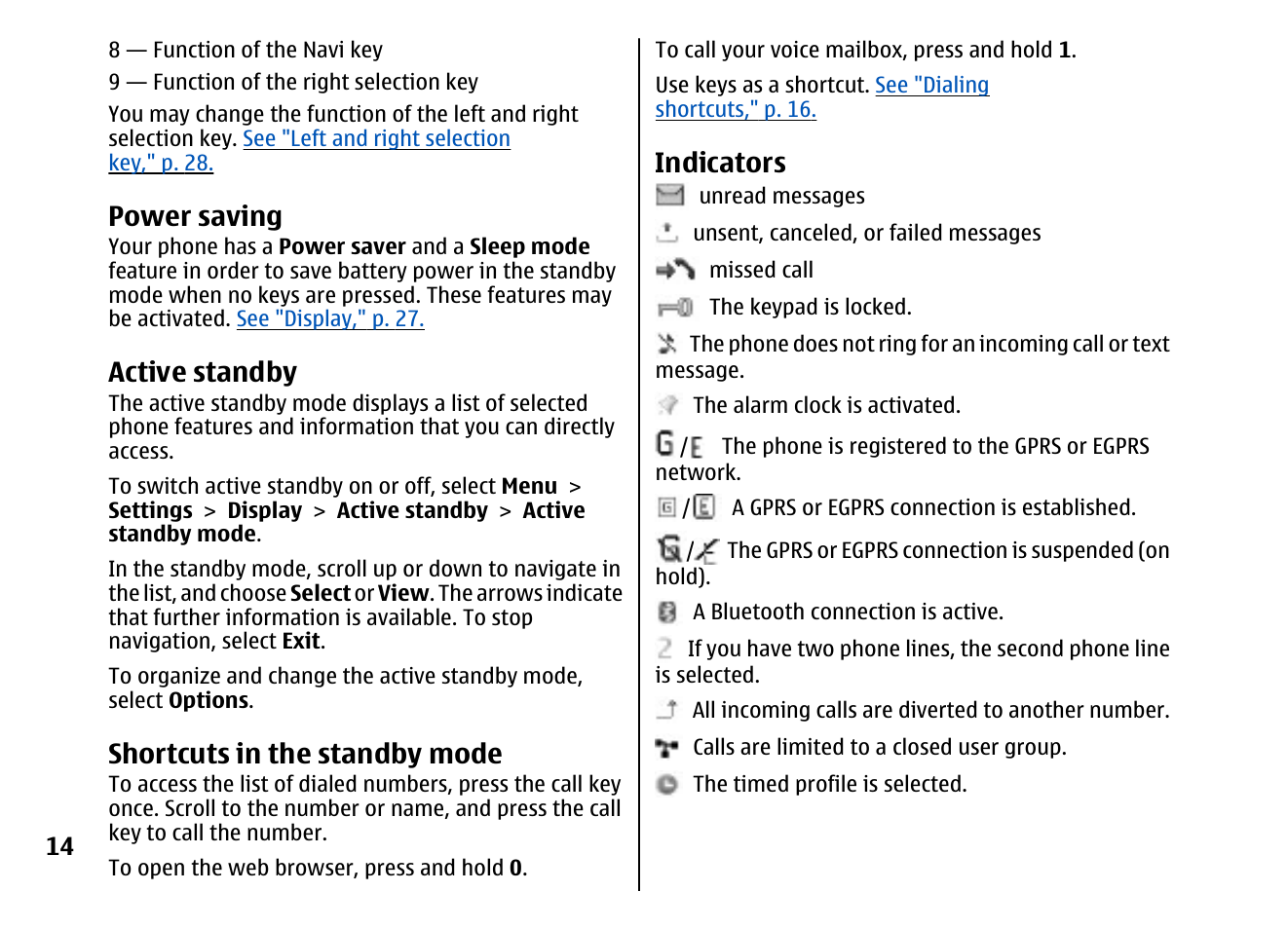 Power saving, Active standby, Shortcuts in the standby mode | Indicators | Nokia 5310 XpressMusi EN User Manual | Page 15 / 62