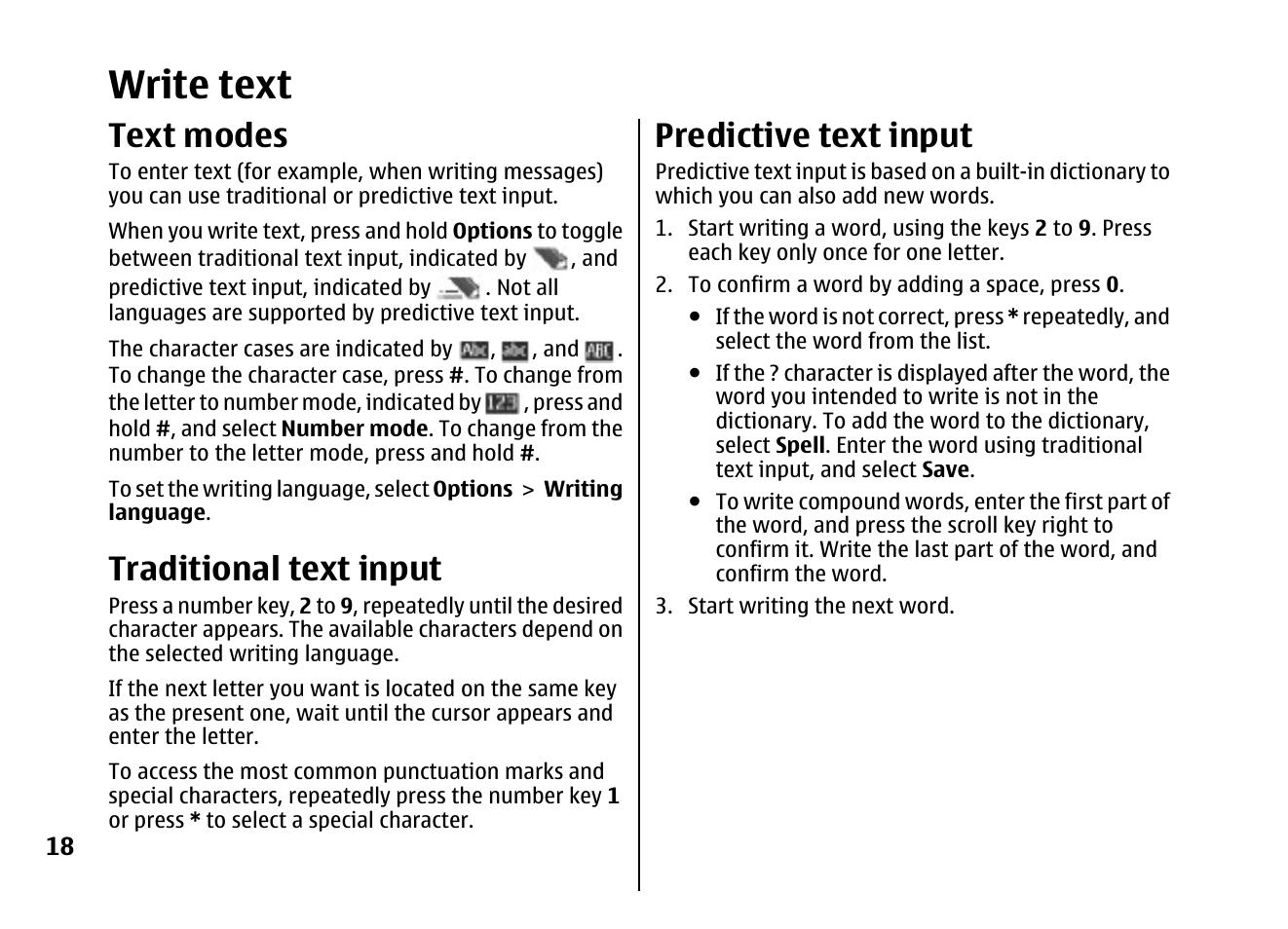 Write text, Text modes, Traditional text input | Predictive text input | Nokia 5310 XpressMusi EN User Manual | Page 19 / 62