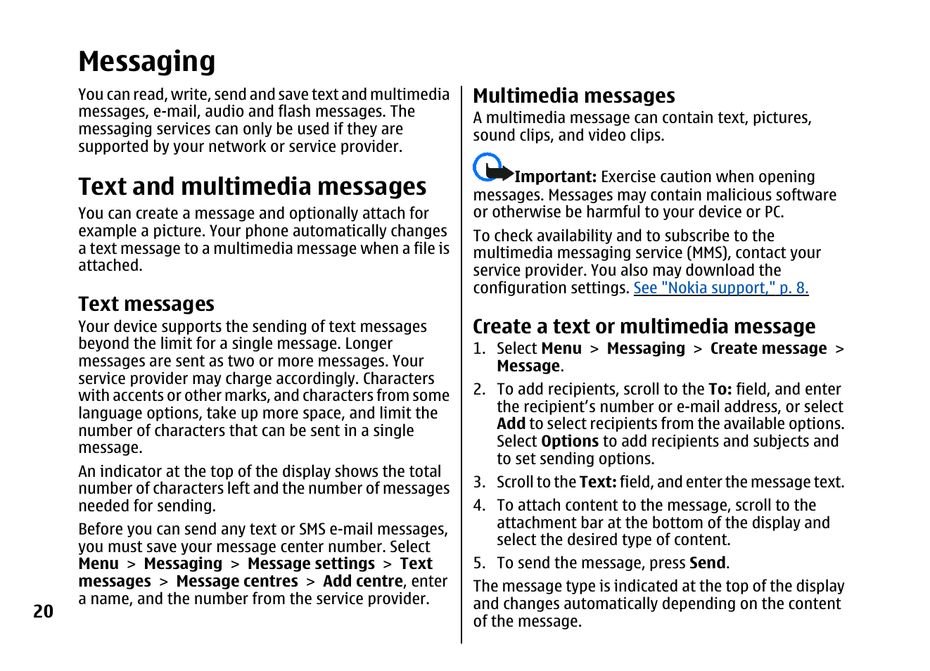 Messaging, Text and multimedia messages, Text messages | Multimedia messages, Create a text or multimedia message | Nokia 5310 XpressMusi EN User Manual | Page 21 / 62