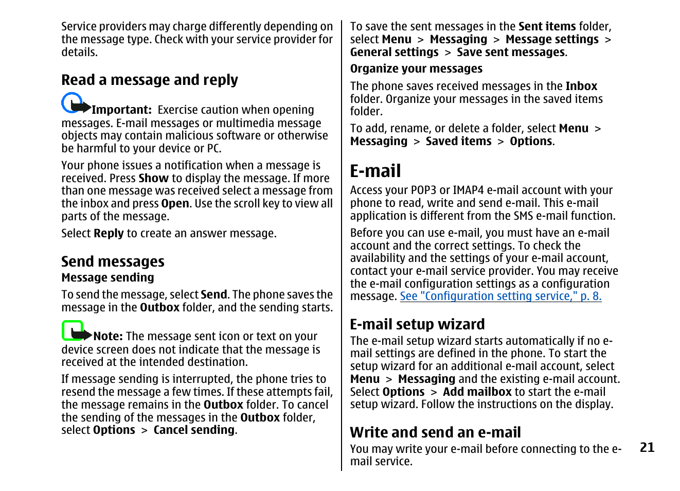 Read a message and reply, Send messages, E-mail | E-mail setup wizard, Write and send an e-mail | Nokia 5310 XpressMusi EN User Manual | Page 22 / 62