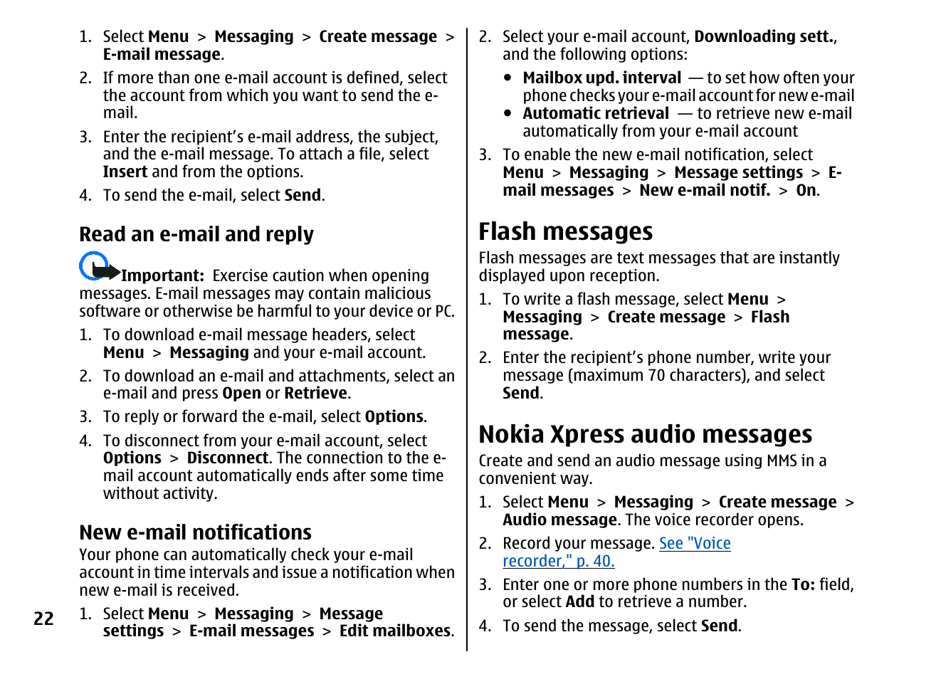 Read an e-mail and reply, New e-mail notifications, Flash messages | Nokia xpress audio messages | Nokia 5310 XpressMusi EN User Manual | Page 23 / 62