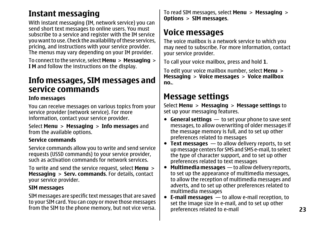 Instant messaging, Info messages, sim messages and service commands, Voice messages | Message settings, Info messages, sim messages and service, Commands | Nokia 5310 XpressMusi EN User Manual | Page 24 / 62