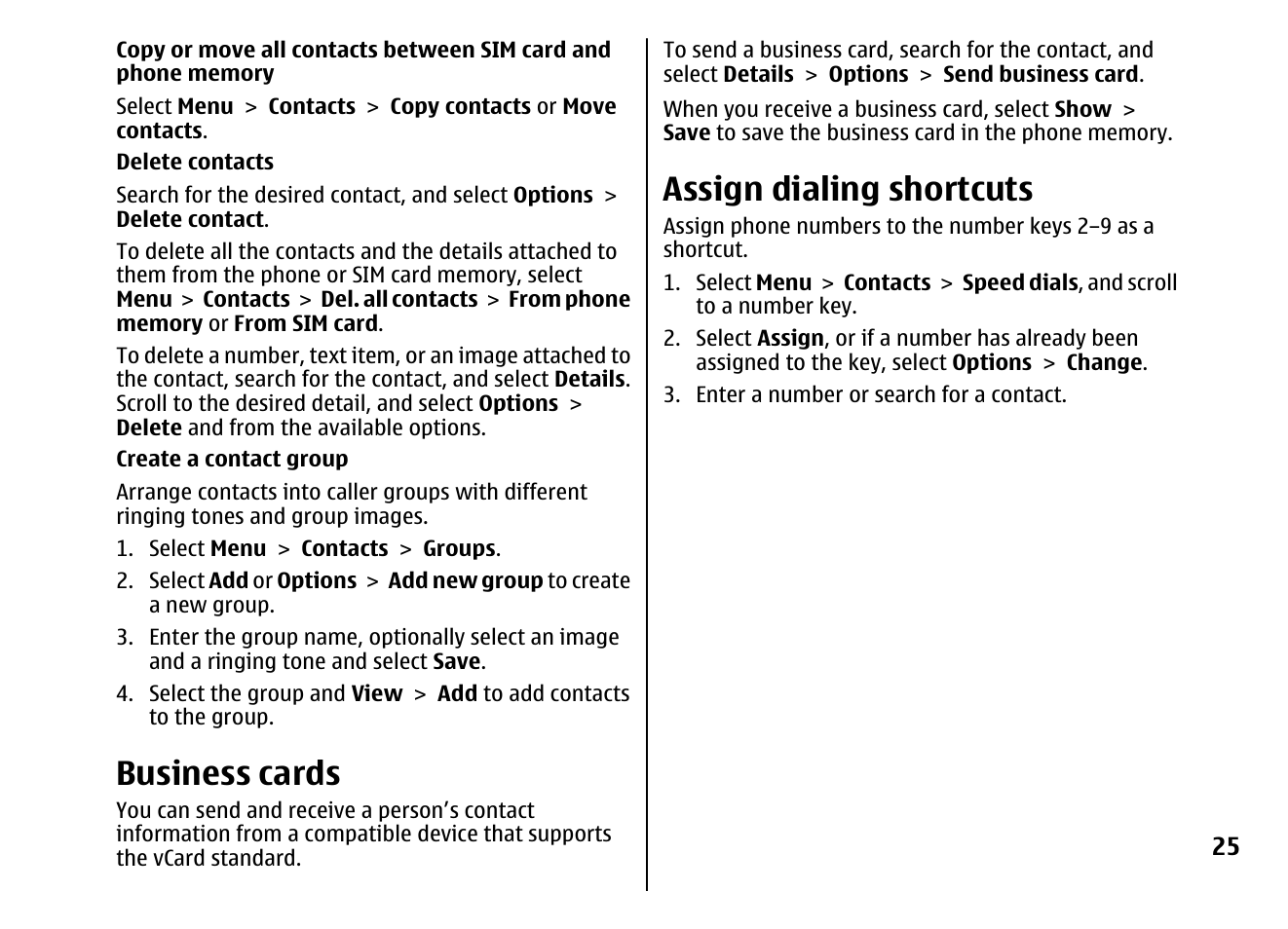 Business cards, Assign dialing shortcuts | Nokia 5310 XpressMusi EN User Manual | Page 26 / 62