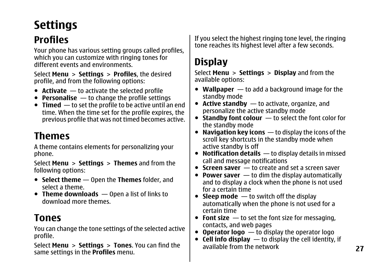 Settings, Profiles, Themes | Tones, Display, See "display," p. 27 | Nokia 5310 XpressMusi EN User Manual | Page 28 / 62