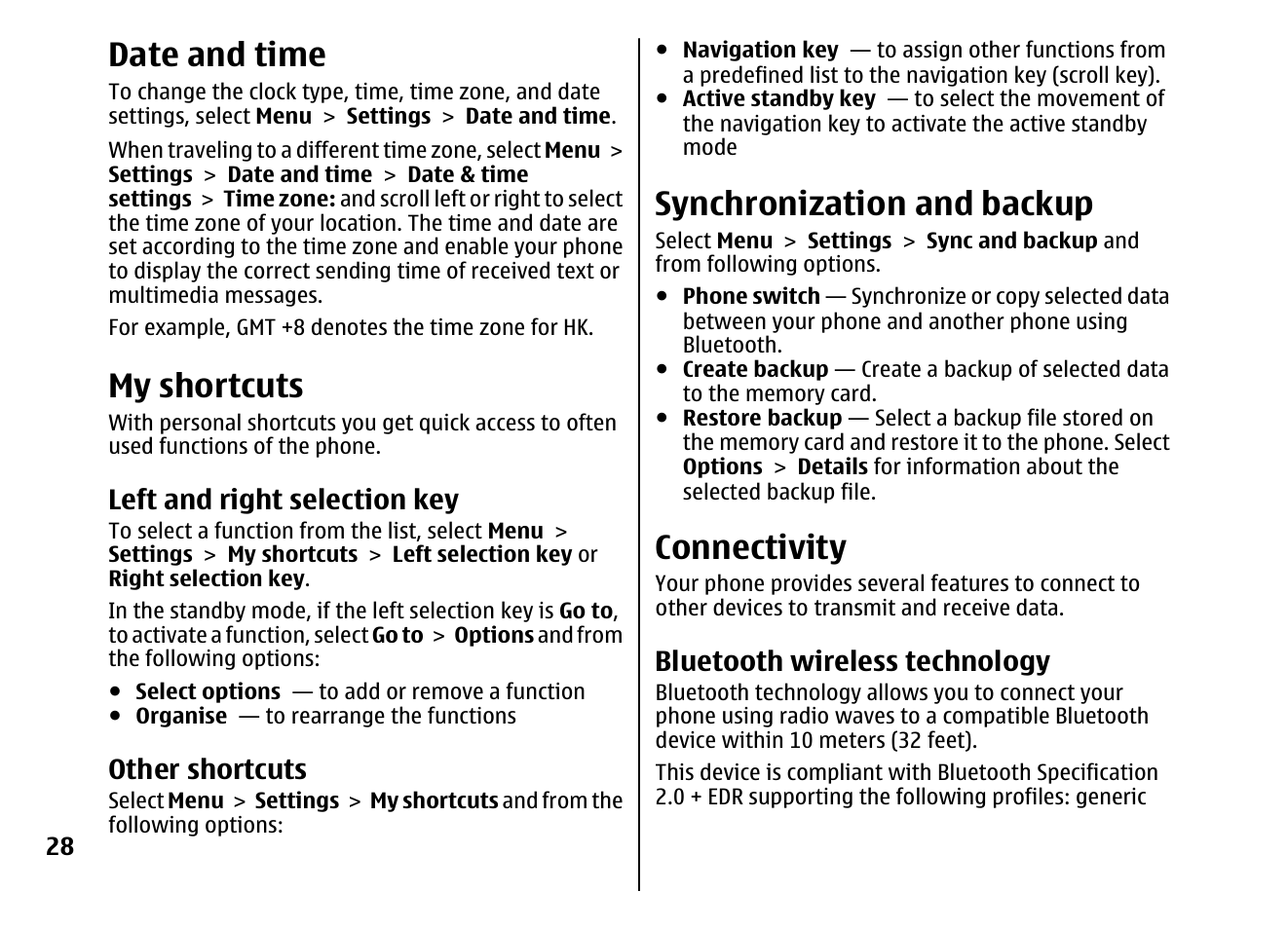 Date and time, My shortcuts, Left and right selection key | Other shortcuts, Synchronization and backup, Connectivity, Bluetooth wireless technology, Date and time," p. 28, See "left and right selection, Key," p. 28 | Nokia 5310 XpressMusi EN User Manual | Page 29 / 62