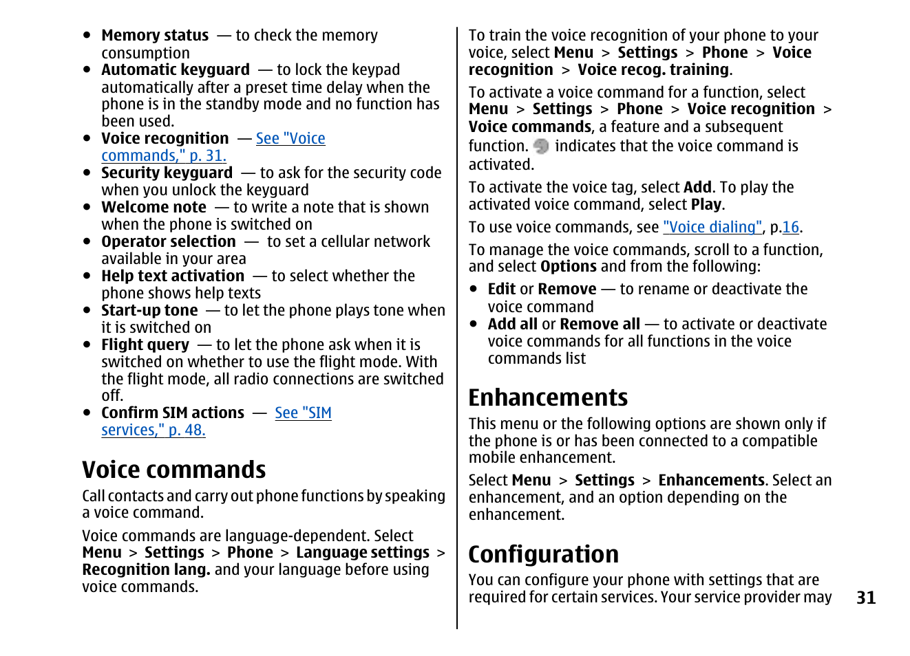 Voice commands, Enhancements, Configuration | Nokia 5310 XpressMusi EN User Manual | Page 32 / 62