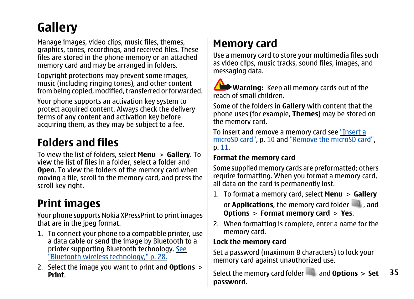 Gallery, Folders and files, Print images | Memory card | Nokia 5310 XpressMusi EN User Manual | Page 36 / 62