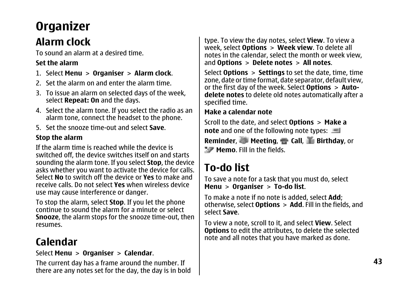 Organizer, Alarm clock, Calendar | To-do list | Nokia 5310 XpressMusi EN User Manual | Page 44 / 62