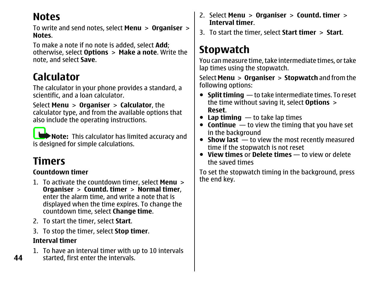 Notes, Calculator, Timers | Stopwatch | Nokia 5310 XpressMusi EN User Manual | Page 45 / 62