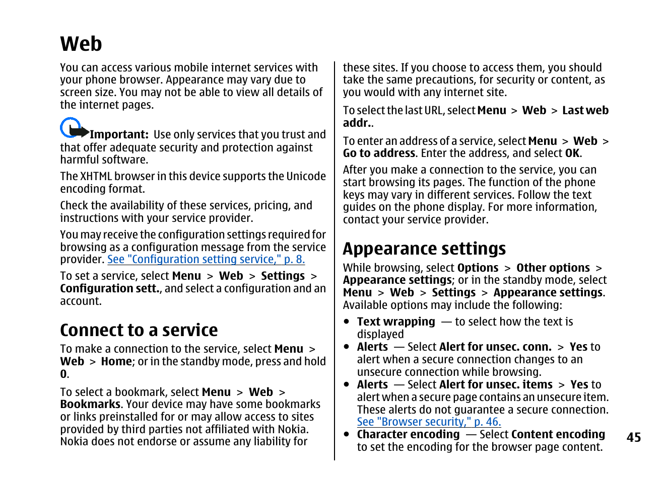 Connect to a service, Appearance settings | Nokia 5310 XpressMusi EN User Manual | Page 46 / 62