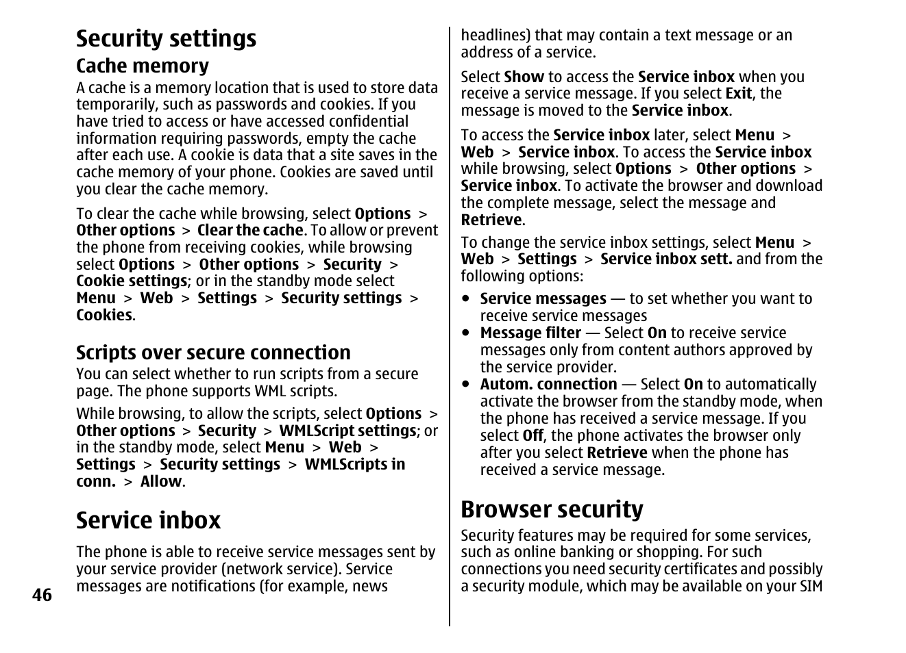 Security settings, Cache memory, Scripts over secure connection | Service inbox, Browser security | Nokia 5310 XpressMusi EN User Manual | Page 47 / 62