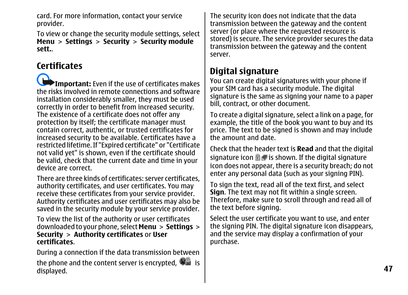 Certificates, Digital signature, Certificates," p. 47 | Nokia 5310 XpressMusi EN User Manual | Page 48 / 62