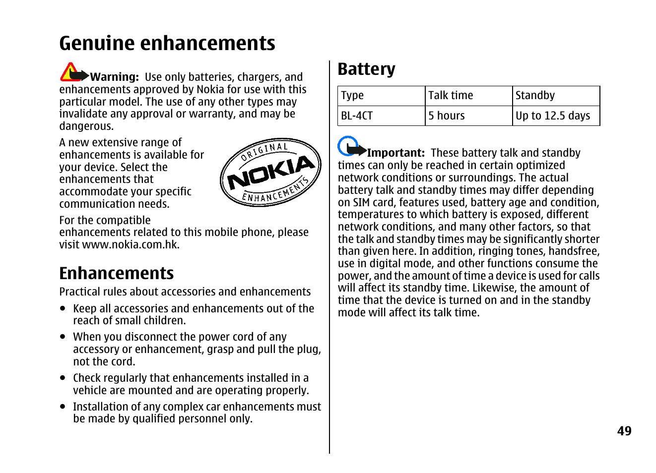 Genuine enhancements, Enhancements, Battery | Nokia 5310 XpressMusi EN User Manual | Page 50 / 62