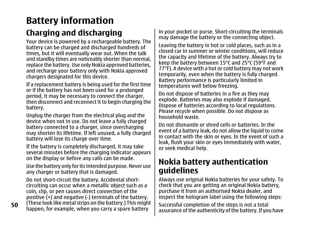 Battery information, Charging and discharging, Nokia battery authentication guidelines | Nokia 5310 XpressMusi EN User Manual | Page 51 / 62