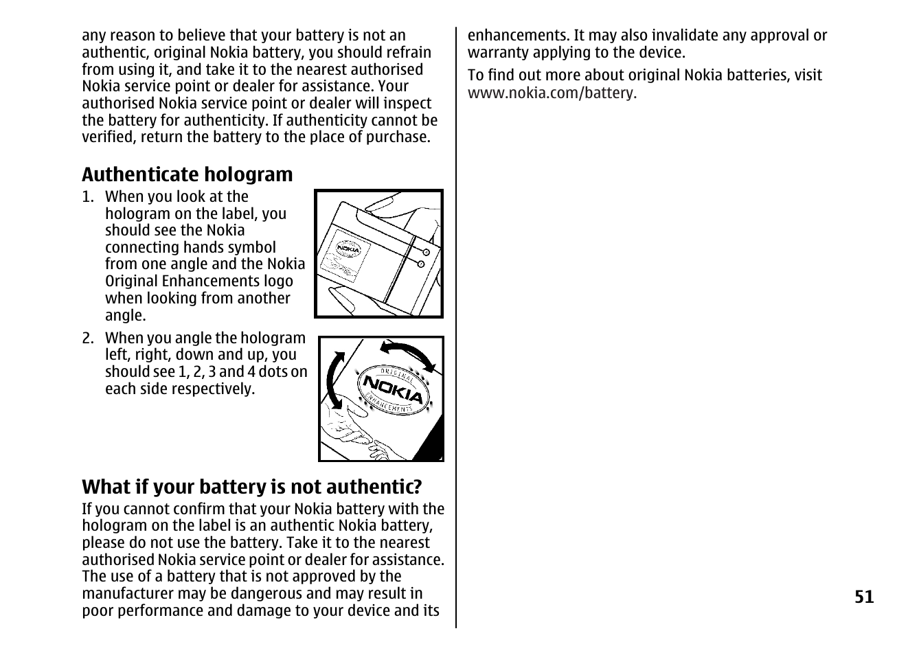 Authenticate hologram, What if your battery is not authentic | Nokia 5310 XpressMusi EN User Manual | Page 52 / 62