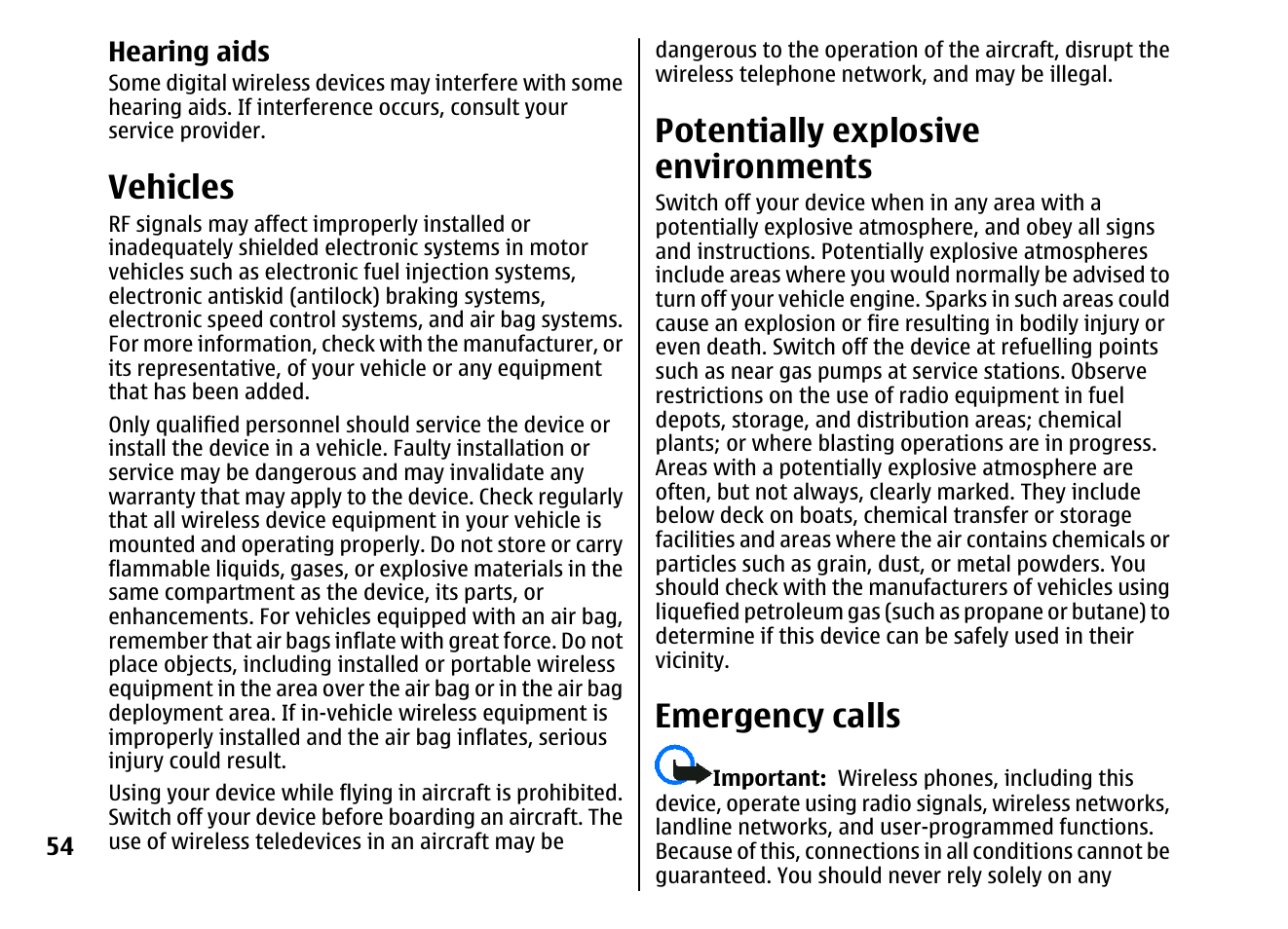 Hearing aids, Vehicles, Potentially explosive environments | Emergency calls | Nokia 5310 XpressMusi EN User Manual | Page 55 / 62