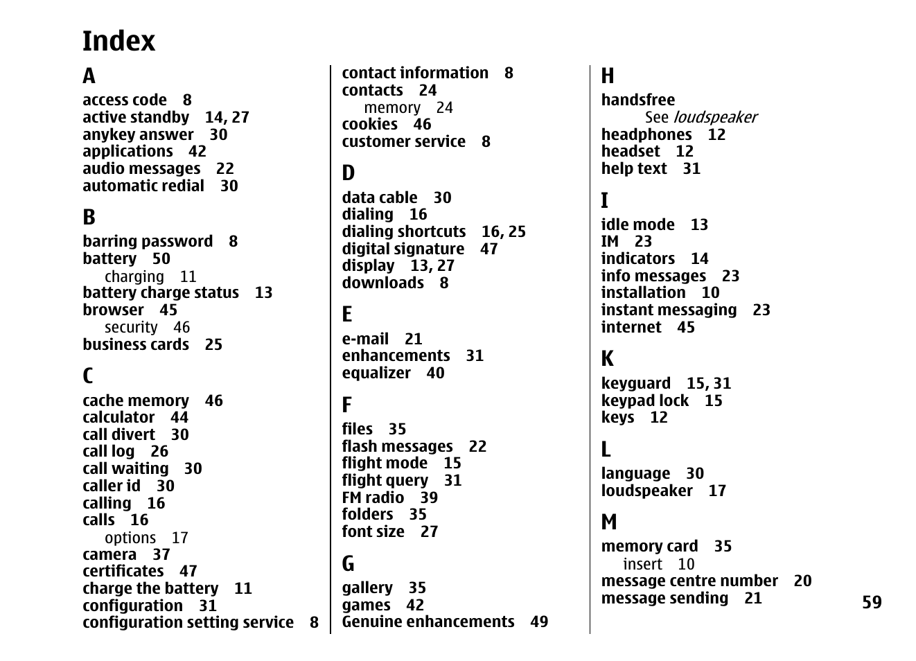 Index | Nokia 5310 XpressMusi EN User Manual | Page 60 / 62