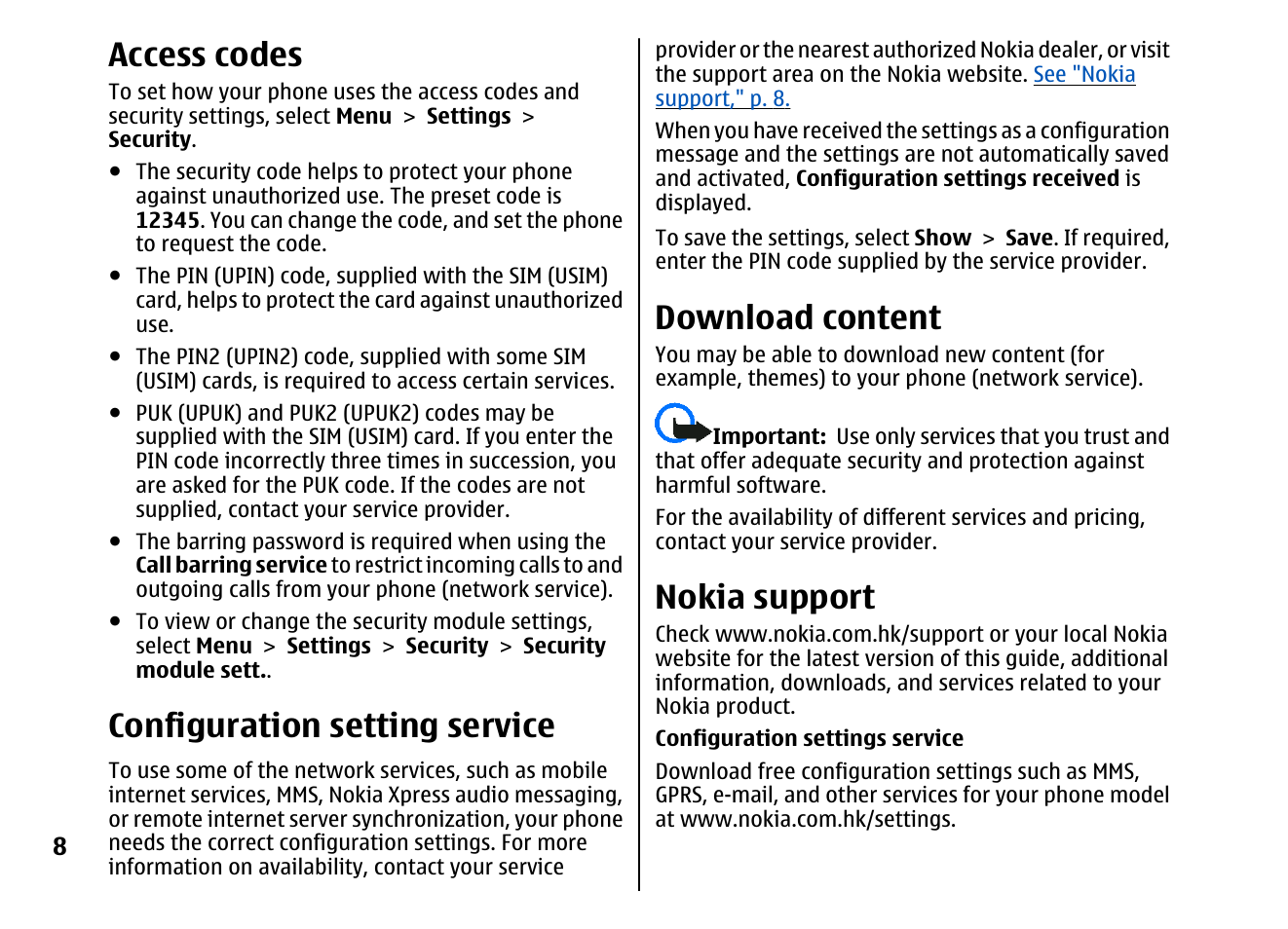 Access codes, Configuration setting service, Download content | Nokia support | Nokia 5310 XpressMusi EN User Manual | Page 9 / 62