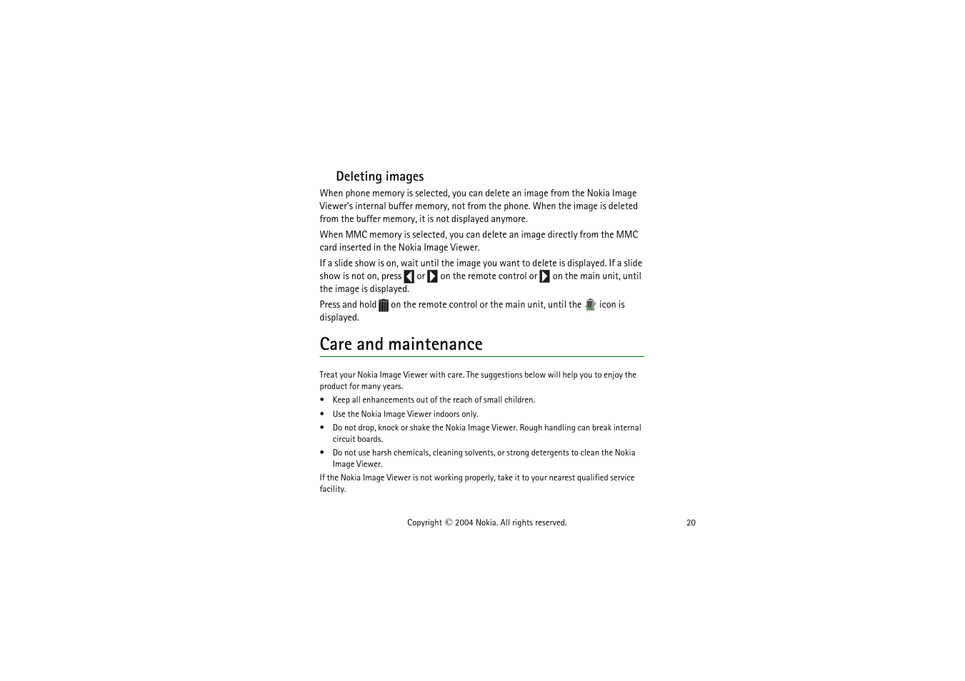 Deleting images, Care and maintenance | Nokia SU-5 User Manual | Page 20 / 20