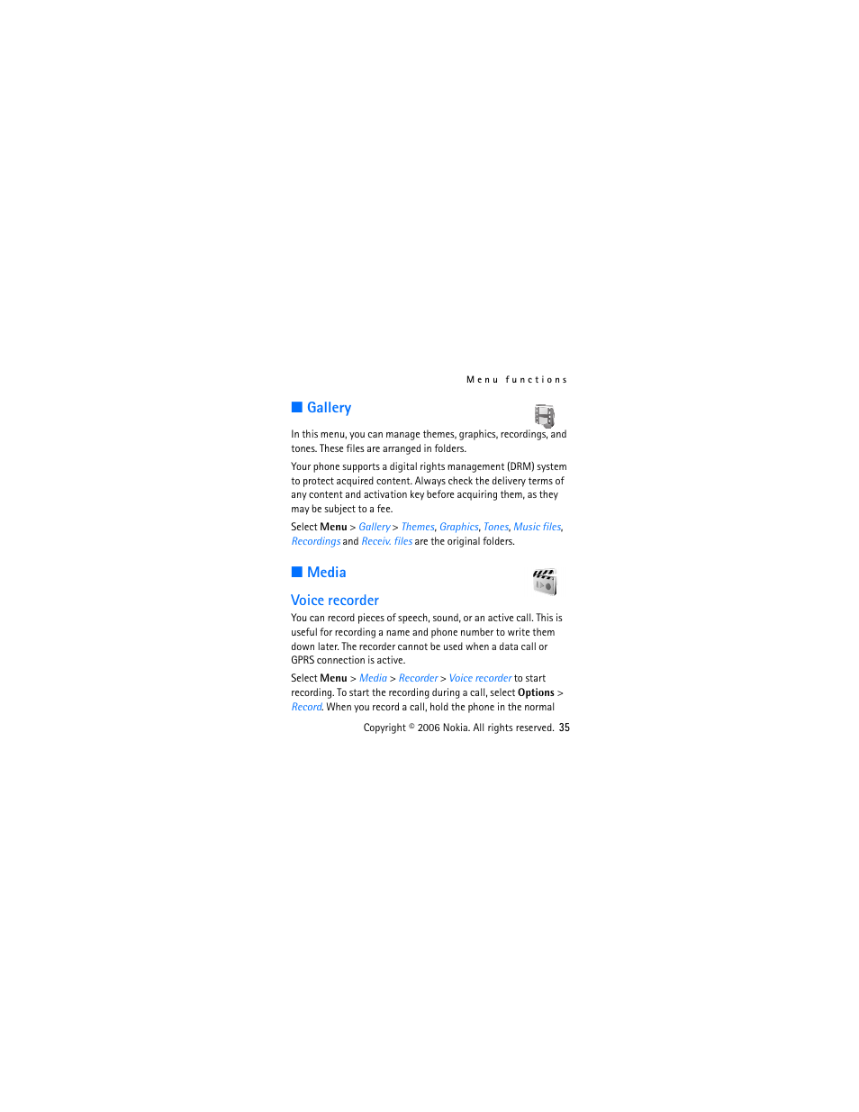 Gallery, Media, Voice recorder | Gallery media, Media voice recorder | Nokia 2610 User Manual | Page 36 / 63