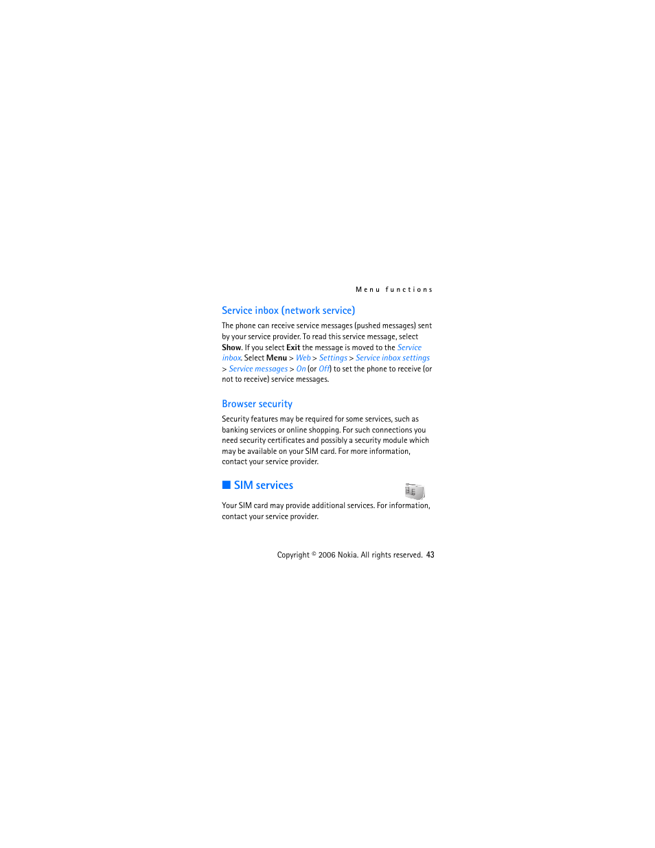 Service inbox (network service), Browser security, Sim services | Service inbox (network service) browser security | Nokia 2610 User Manual | Page 44 / 63