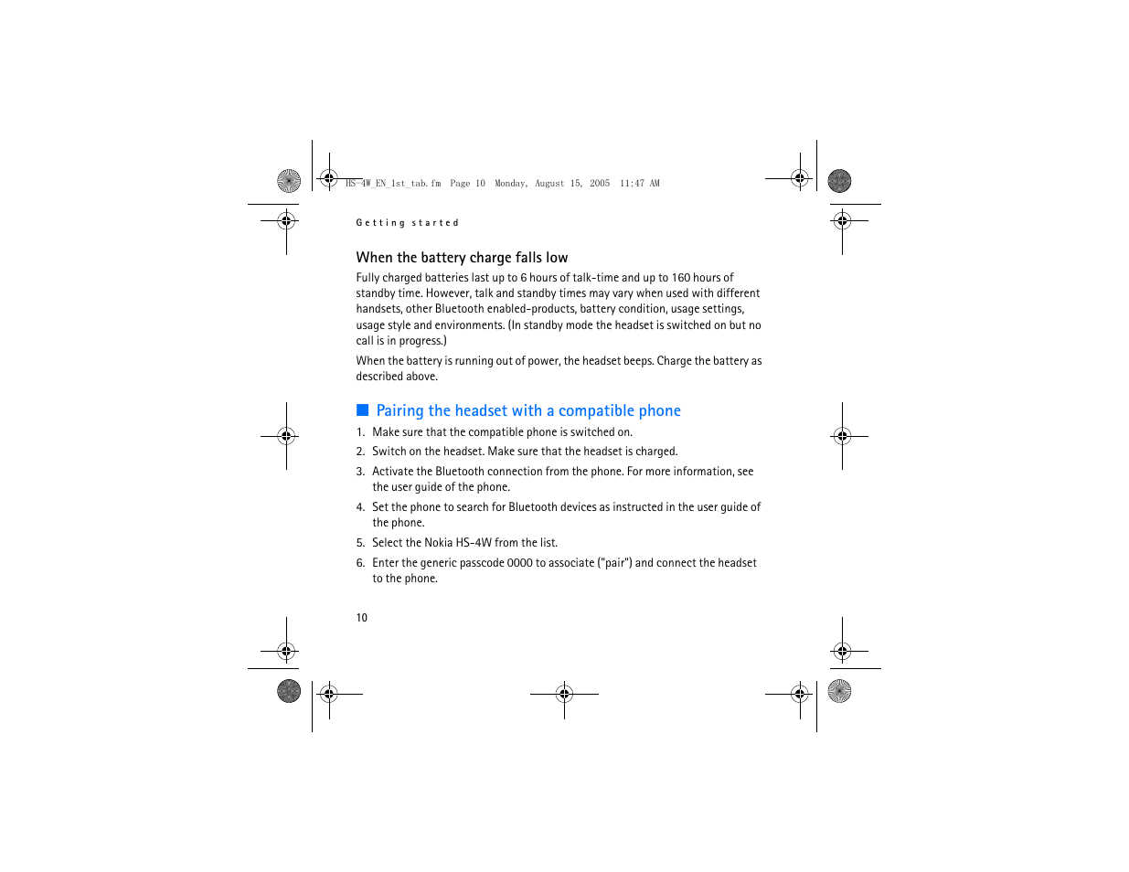 Pairing the headset with a compatible phone | Nokia HS 4W User Manual | Page 10 / 110