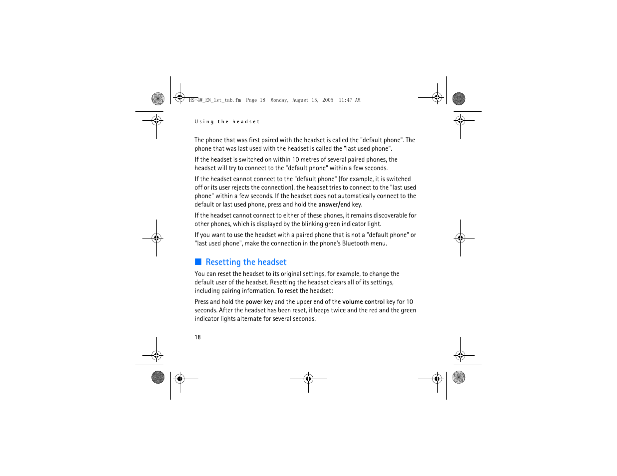 Resetting the headset | Nokia HS 4W User Manual | Page 18 / 110