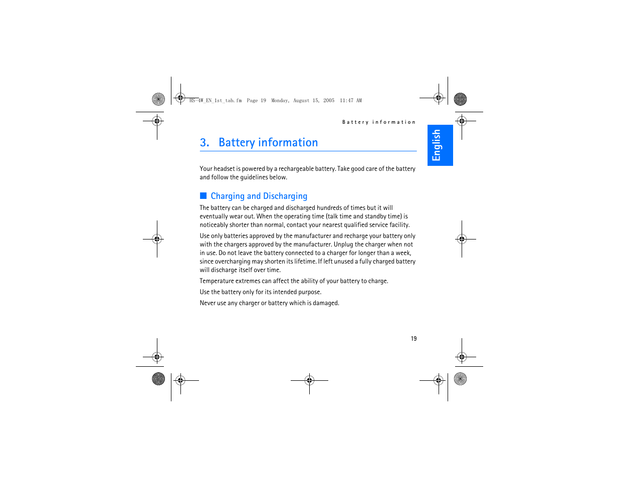 Battery information, English | Nokia HS 4W User Manual | Page 19 / 110