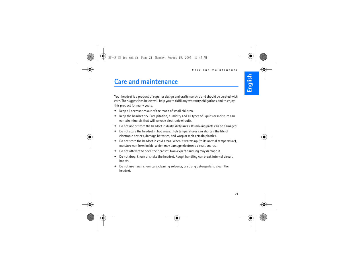 Care and maintenance, English | Nokia HS 4W User Manual | Page 21 / 110