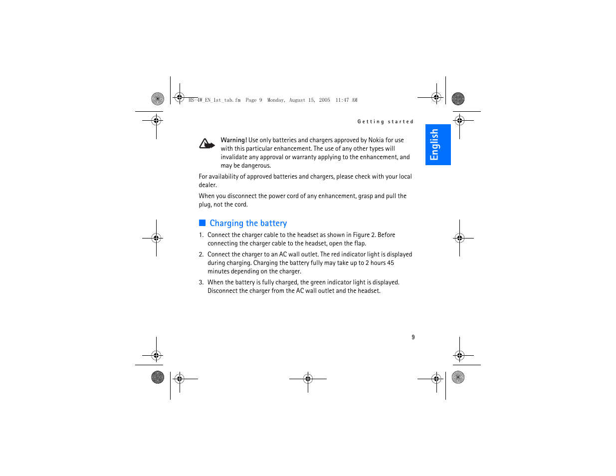 English, Charging the battery | Nokia HS 4W User Manual | Page 9 / 110