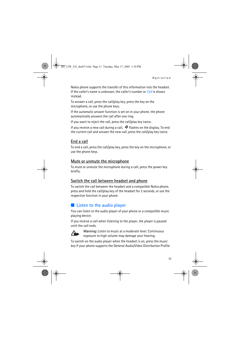 Listen to the audio player | Nokia HS-12W User Manual | Page 11 / 16