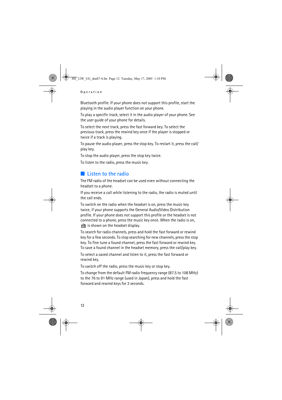 Listen to the radio | Nokia HS-12W User Manual | Page 12 / 16