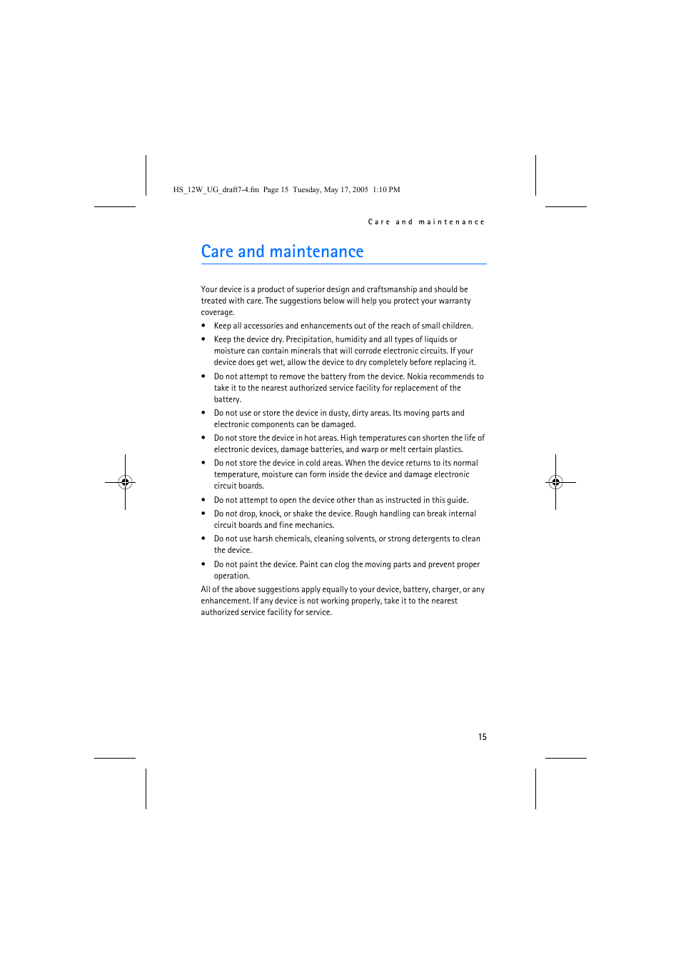 Care and maintenance | Nokia HS-12W User Manual | Page 15 / 16