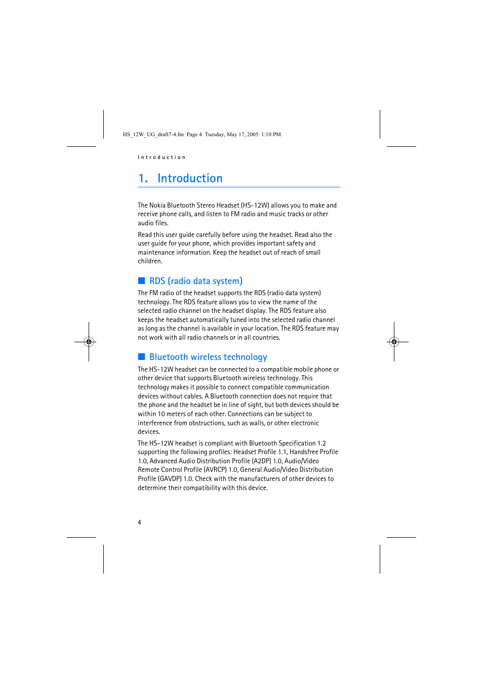 Introduction, Rds (radio data system), Bluetooth wireless technology | Nokia HS-12W User Manual | Page 4 / 16