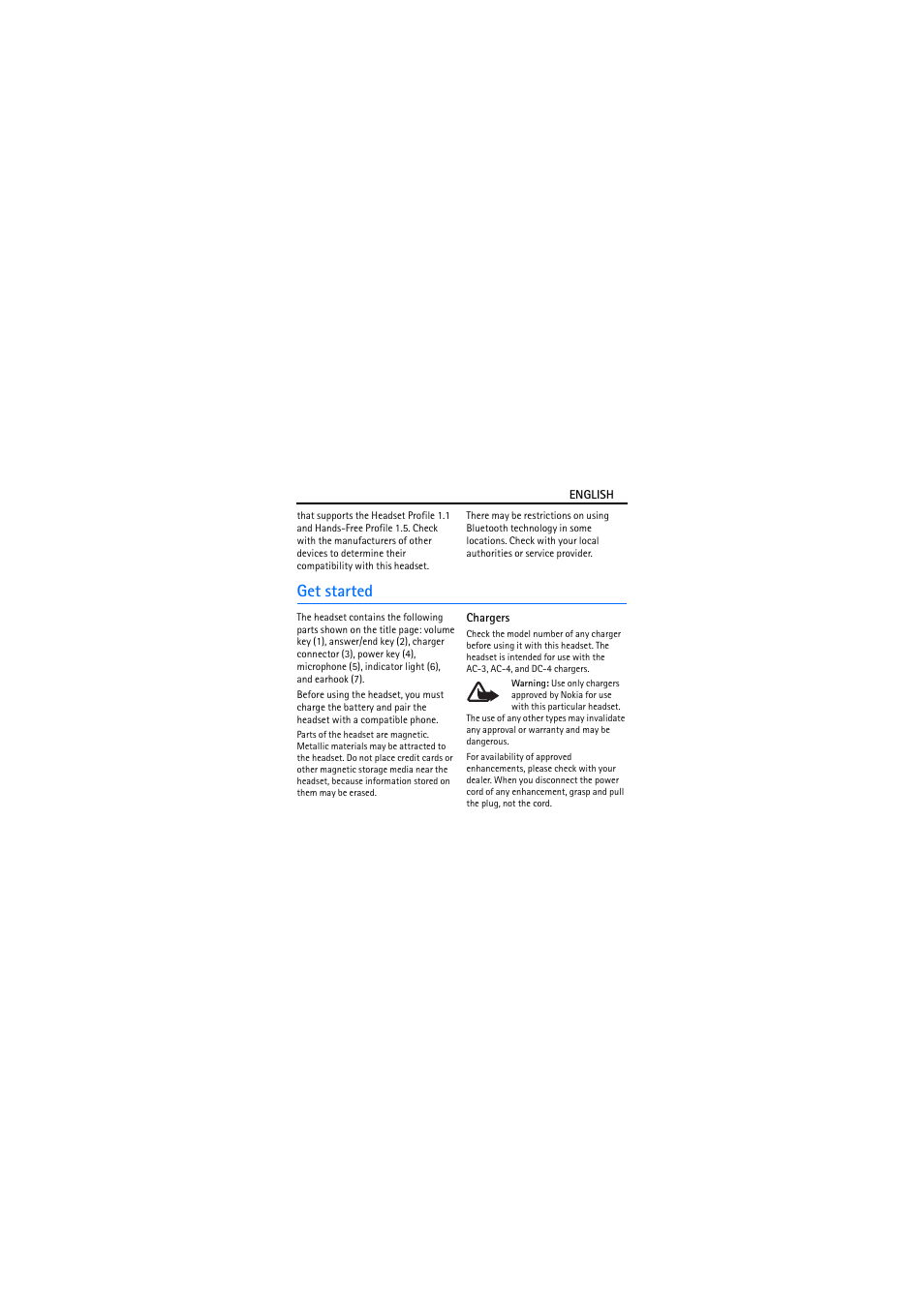 Get started, Chargers | Nokia BH-301 User Manual | Page 4 / 46
