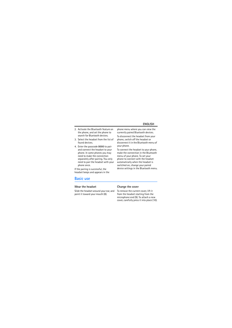 Basic use, Wear the headset, Change the cover | Nokia BH-301 User Manual | Page 6 / 46